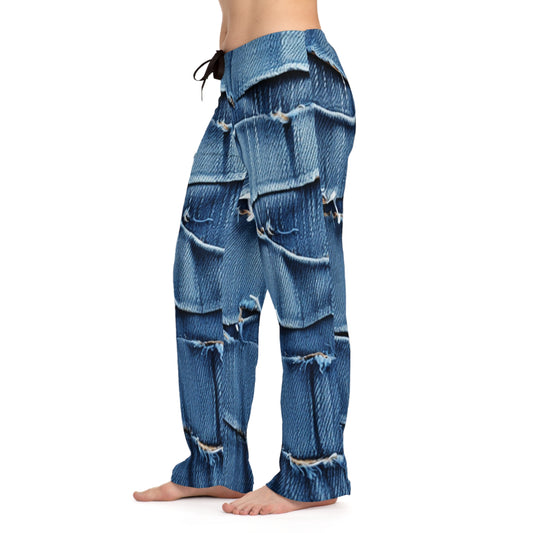 Midnight Blue Distressed Denim: Rugged, Torn & Stylish Design - Women's Pajama Pants (AOP)