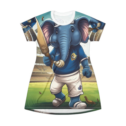 India Elephant Cricket Sport Star: Pitch, Run, Stump Game - Animated Charm - T-Shirt Dress (AOP)