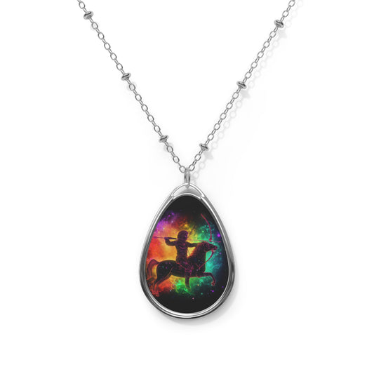 Colorful Sagittarius Zodiac Sign - Star Universe Theme - Oval Necklace