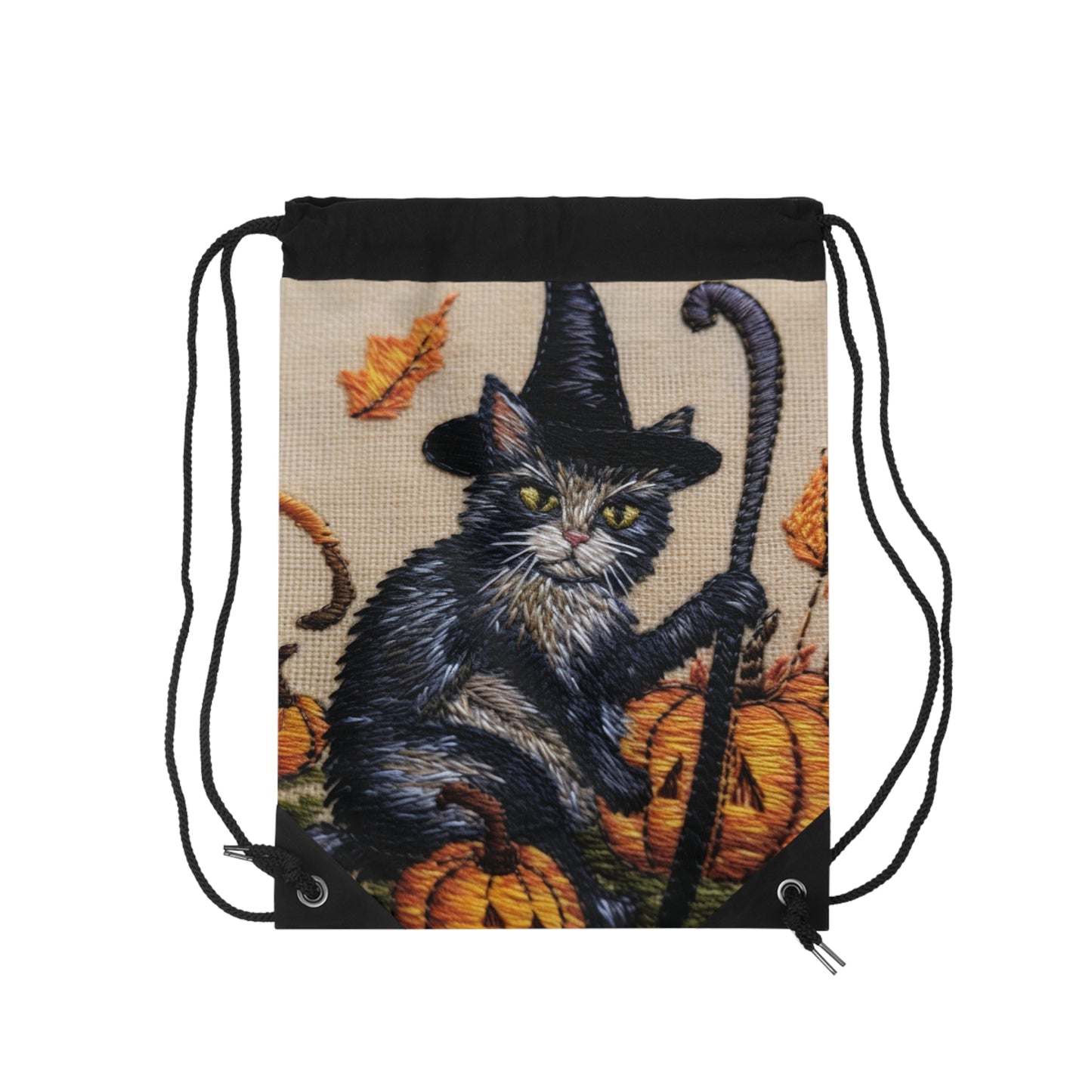 Halloween Cat Magic: Embroidered Style Feline with Pumpkins & Witch Hat - Drawstring Bag