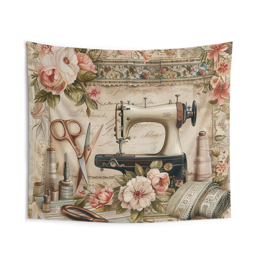 Classic Floral Sewing Ensemble: Vintage-Inspired with Antique Sewing Machine and Scissors - Indoor Wall Tapestries