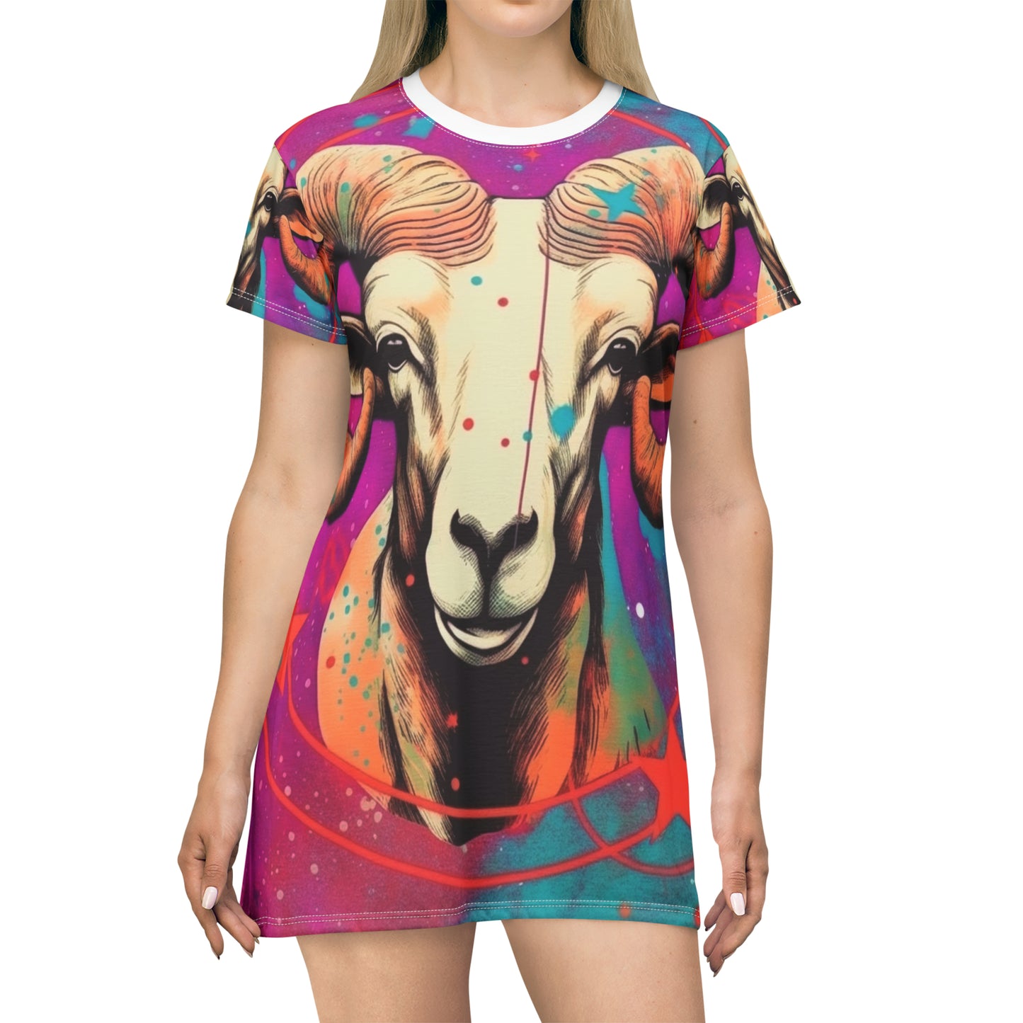 Pop Art Aries Constellation - Vibrant Zodiac Ram Symbol - T-Shirt Dress (AOP)