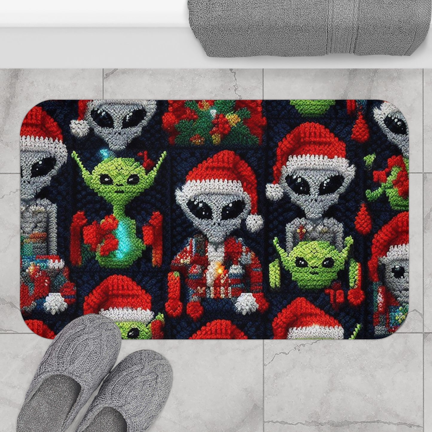 Festive Alien Invasion: Intergalactic Christmas Holiday Cheer with Santa Hats and Seasonal Gifts Crochet Pattern - Bath Mat