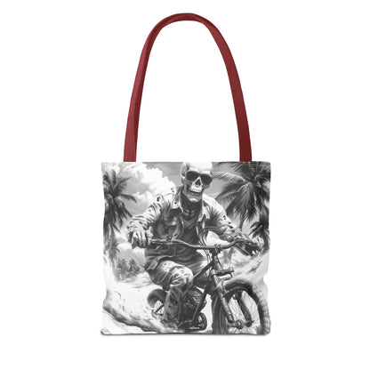 Biker Skeleton Wearing Sunglasses, Riding Sunset Boulevard in California Motorcycle, Tote Bag (AOP)