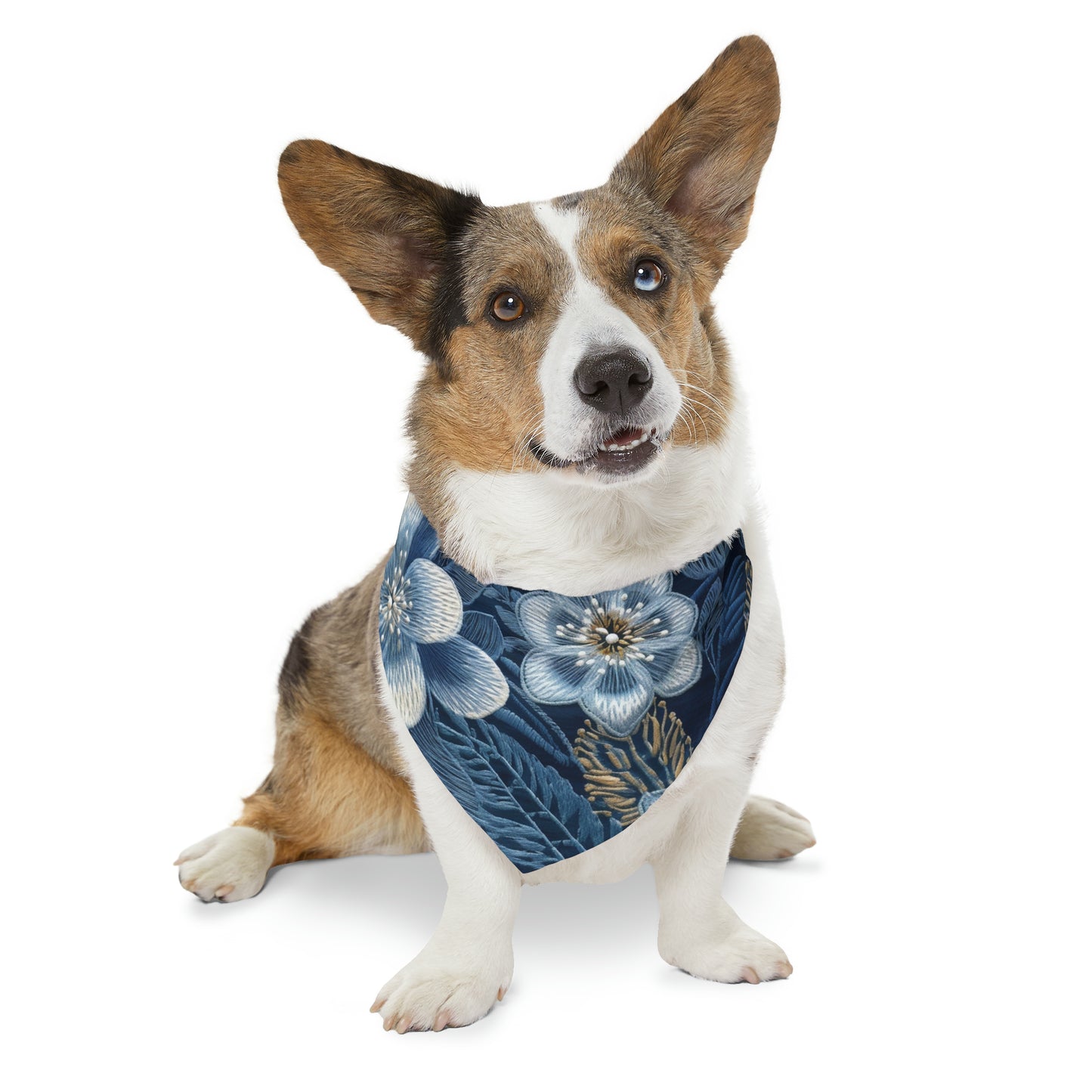 Flower Blossom Embroidery Floral on Denim Style - Pet Bandana Collar