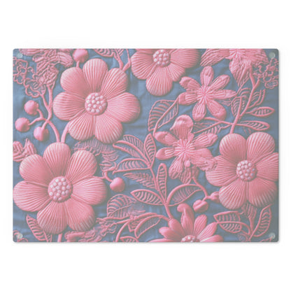 Denim Blue Doll Pink Floral Embroidery Style Fabric Flowers - Cutting Board