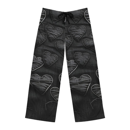 Black: Distressed Denim-Inspired Fabric Heart Embroidery Design - Men's Pajama Pants (AOP)
