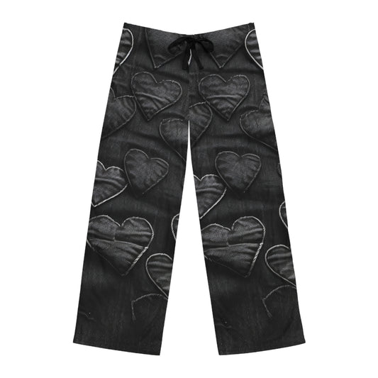 Negro azabache: diseño de bordado de corazón de tela inspirada en mezclilla desgastada - Pantalones de pijama para hombre (AOP) 