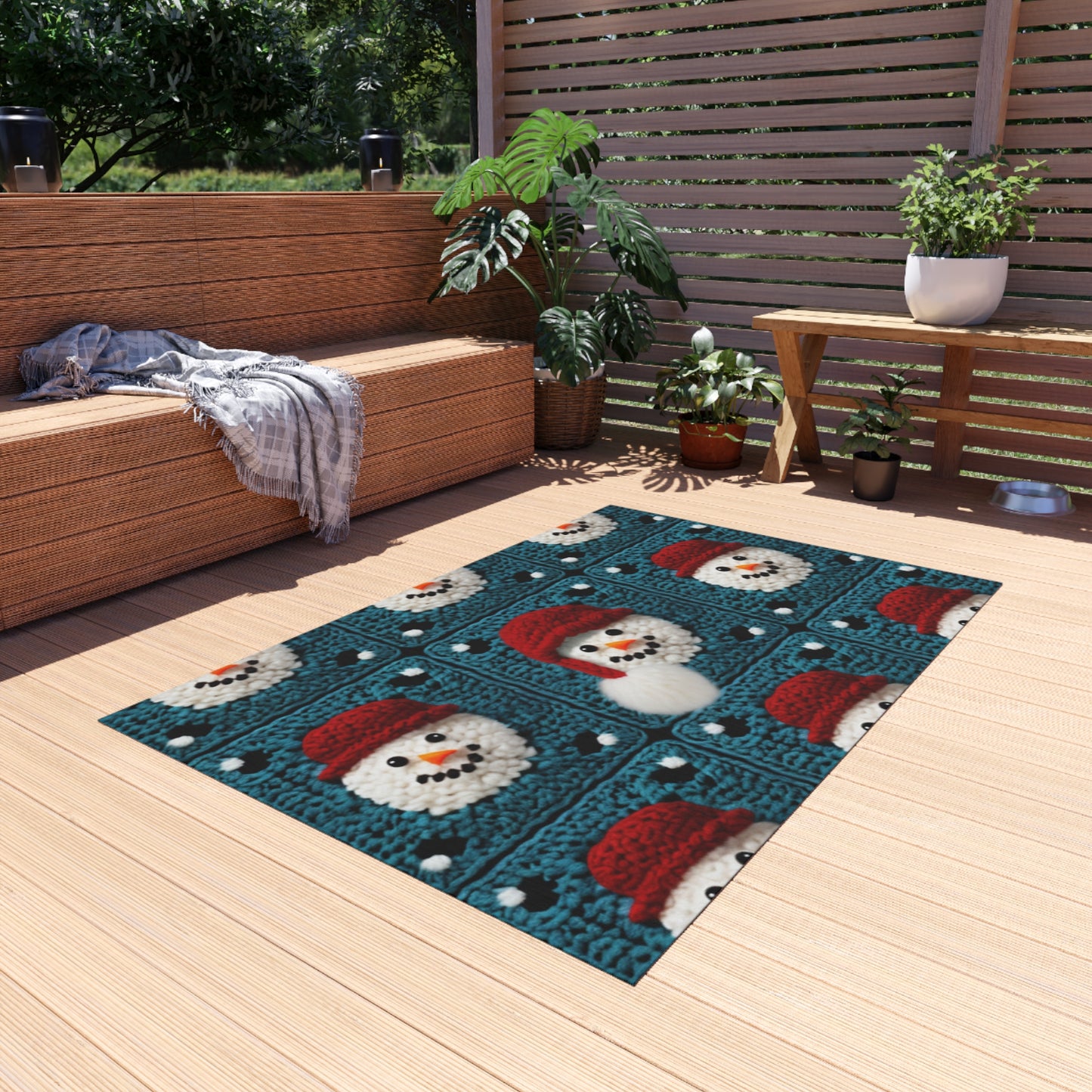 Snowman Crochet Craft, Festive Yuletide Cheer, Winter Wonderland - Outdoor Rug