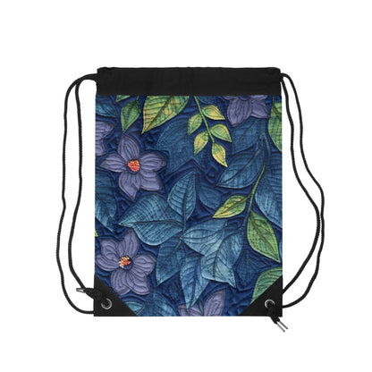 Floral Embroidery Blue: Denim-Inspired, Artisan-Crafted Flower Design - Drawstring Bag