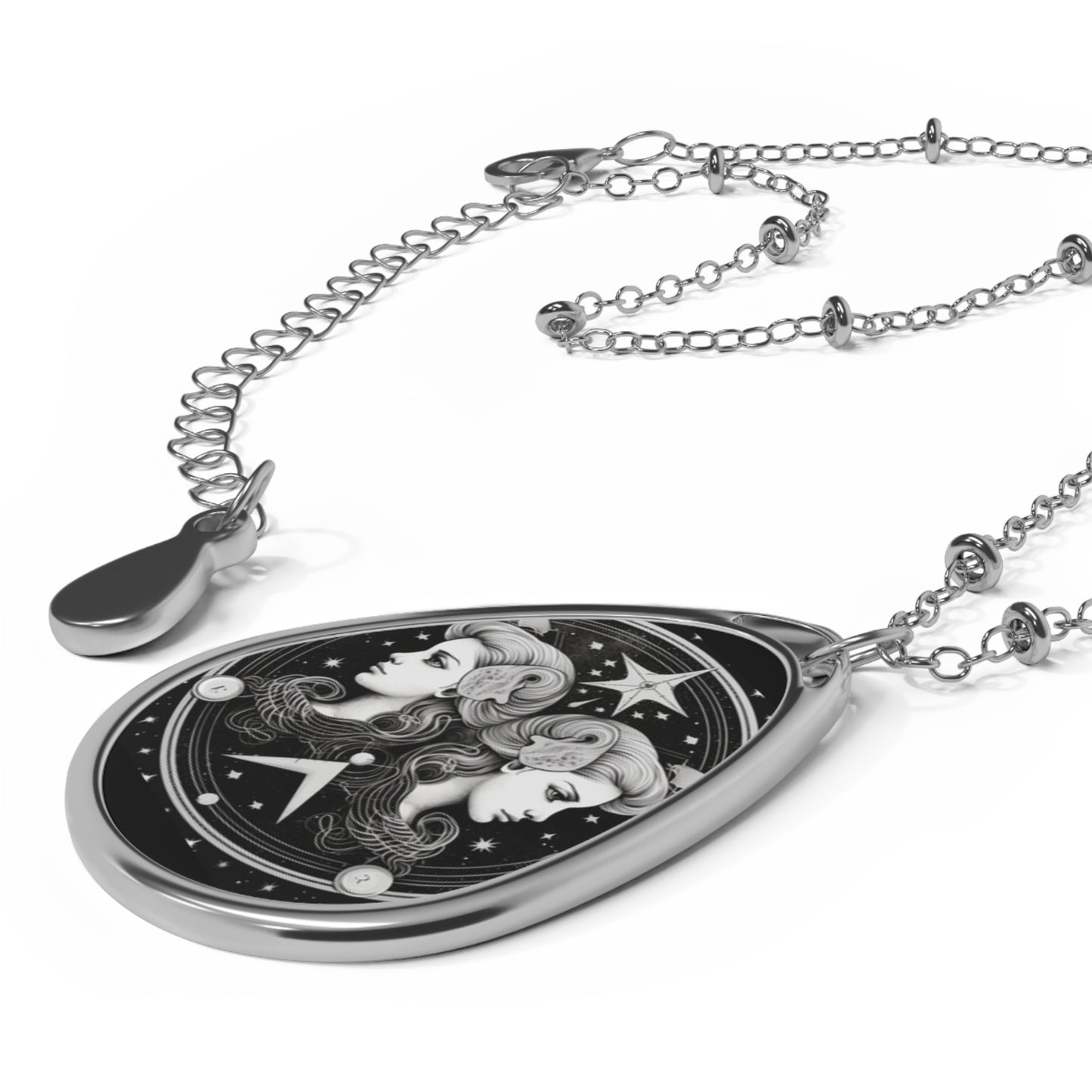 Gemini Zodiac Twins Design - Celestial Astrology Theme - Oval Necklace