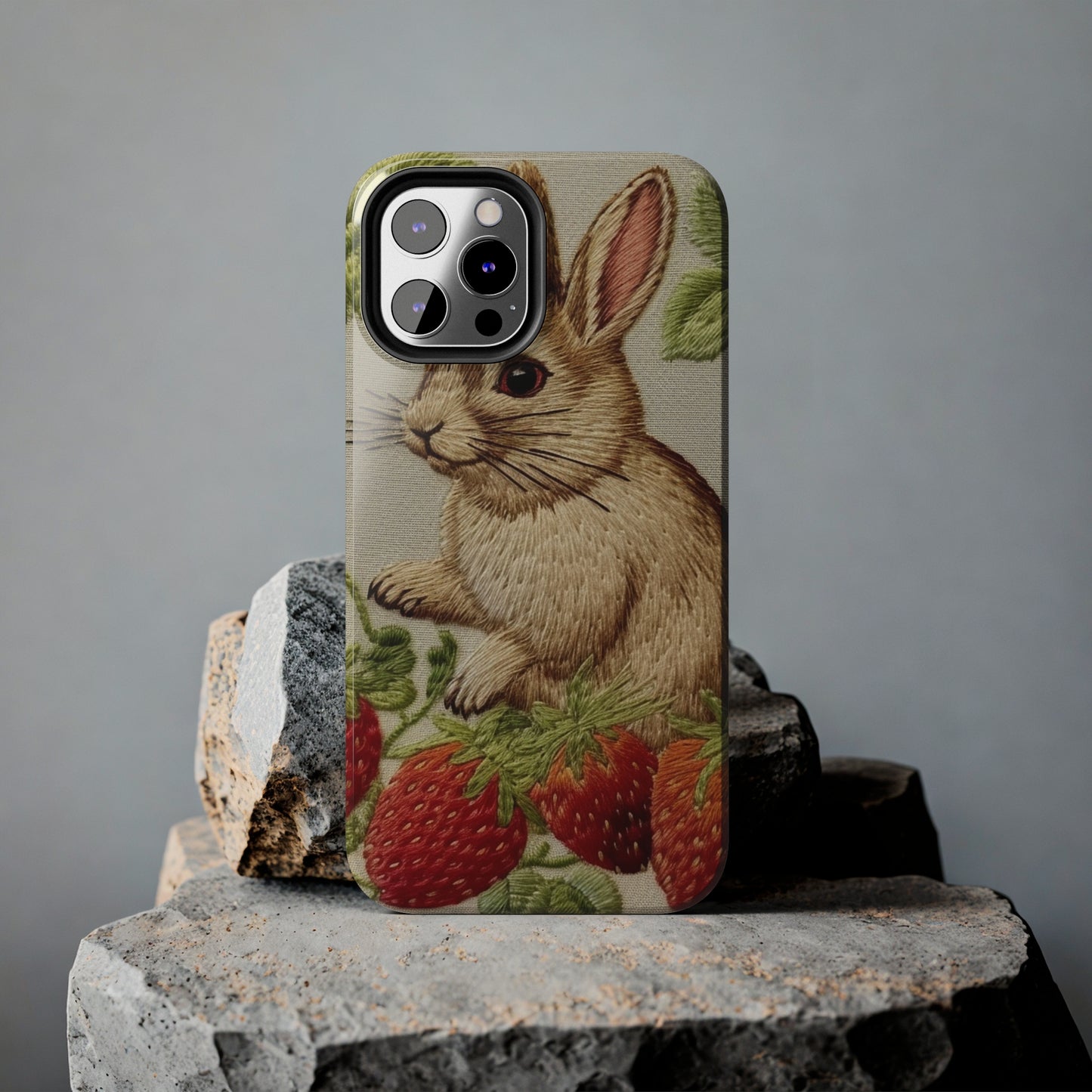 Strawberry Bunny Rabit - Embroidery Style - Strawberries Fruit Munchies - Easter Gift - Tough Phone Cases