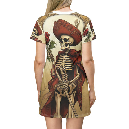 Death Card Tarot - Skeleton, Rose, and Transformation Journey - T-Shirt Dress (AOP)