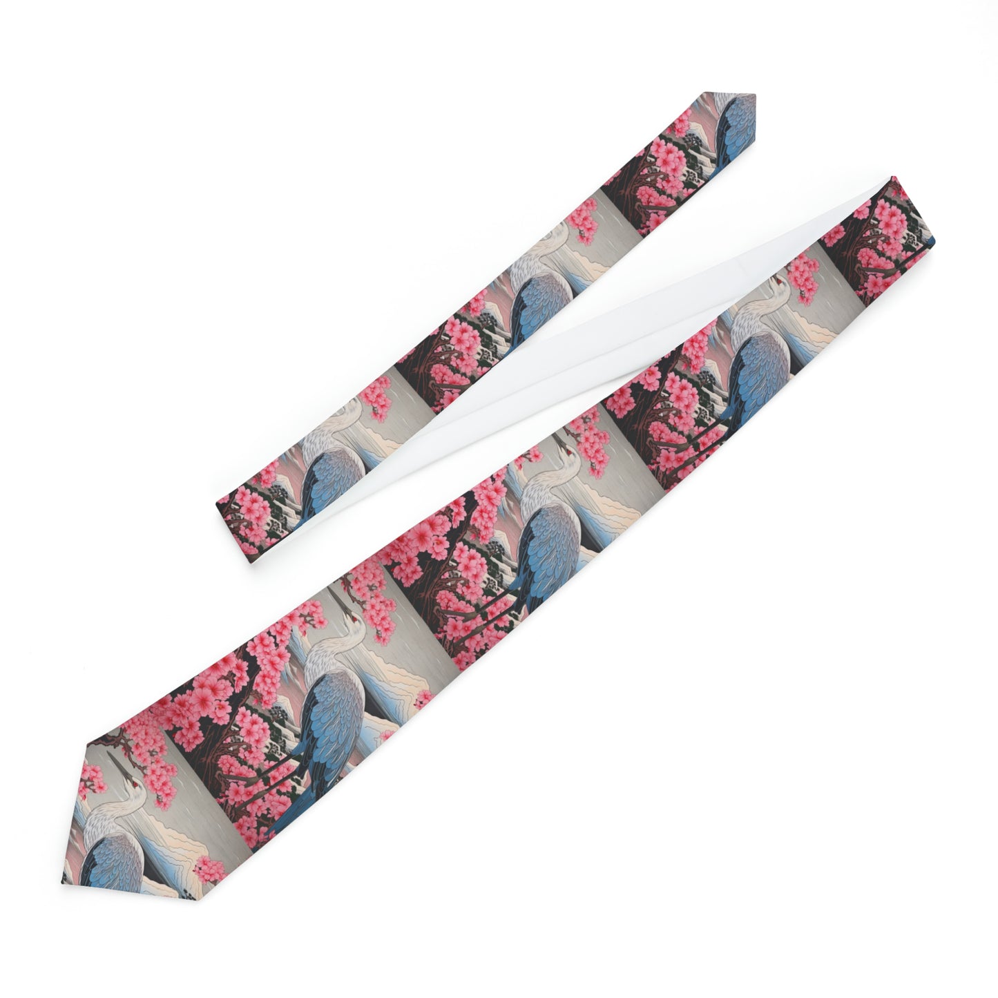 Sakura Blossoms & Crane Kimono Necktie - Artisanal Japanese Craft, Elegant Gift for Dad, Traditional Indigo Neckwear for Men