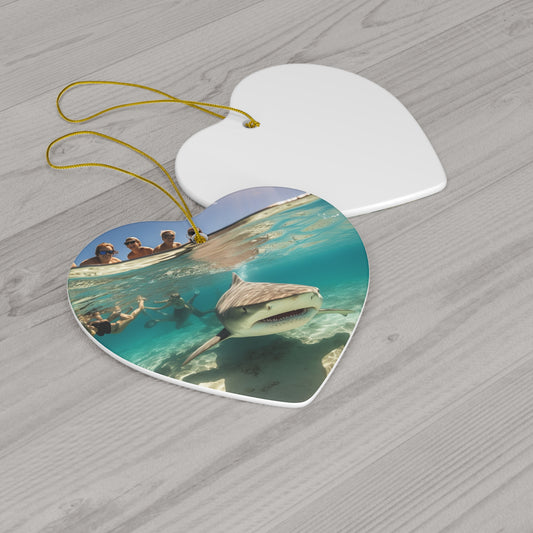 Peaceful Bull Shark with Swimmers: Ocean Scene - Perfect for Sea Lovers - Ceramic Ornament, 4 Shapes