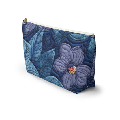 Floral Embroidery Blue: Denim-Inspired, Artisan-Crafted Flower Design - Accessory Pouch w T-bottom