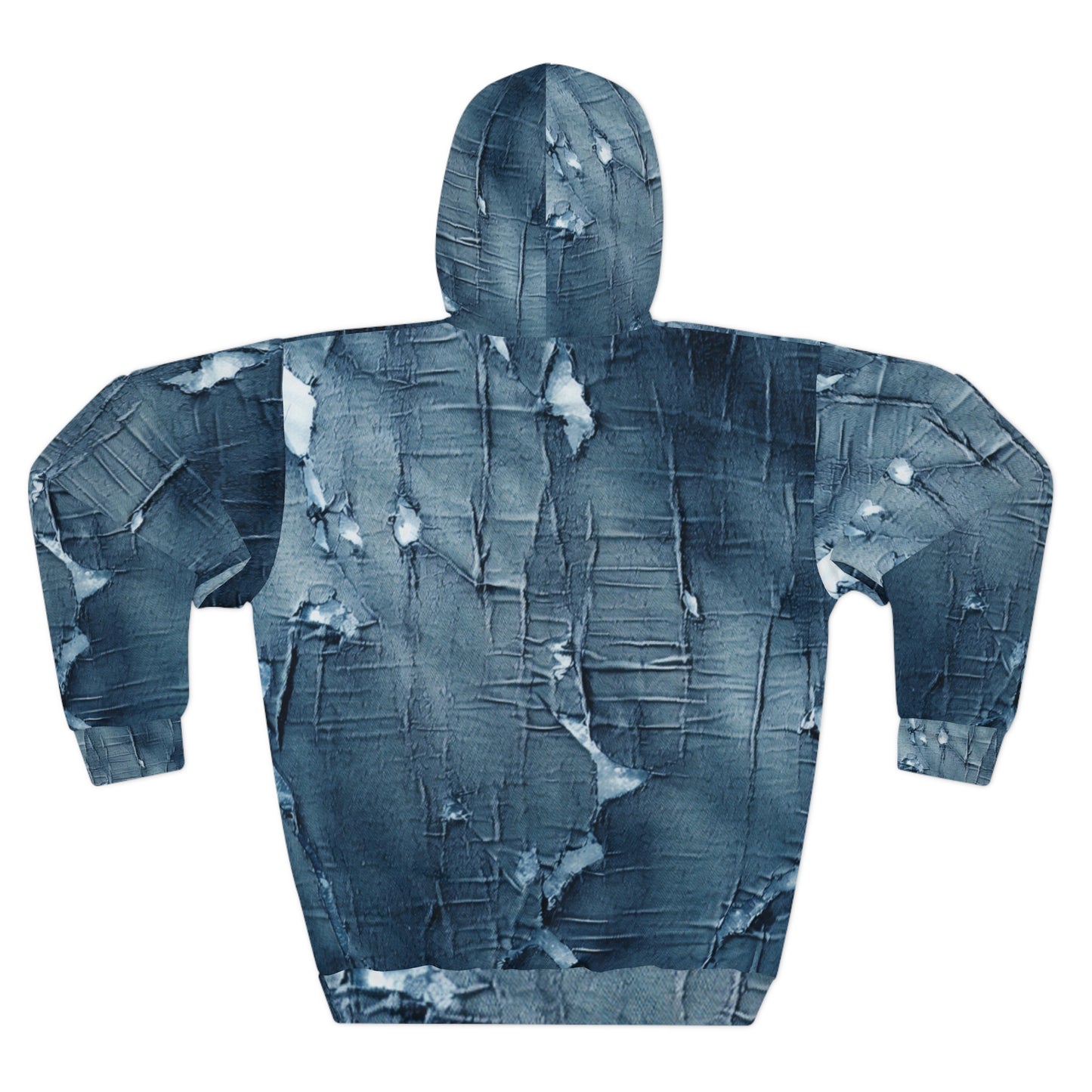 Distressed Blue Denim-Look: Edgy, Torn Fabric Design - Unisex Pullover Hoodie (AOP)