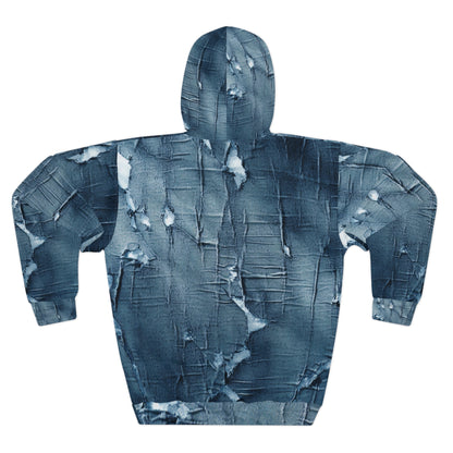 Distressed Blue Denim-Look: Edgy, Torn Fabric Design - Unisex Pullover Hoodie (AOP)