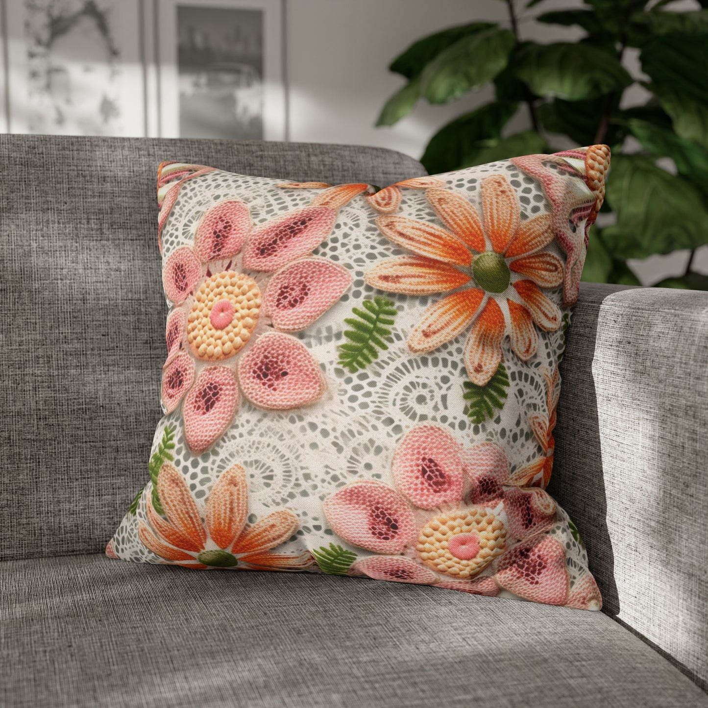 Floral Embroidered Eyelet: Delicate Flower Elegant Pattern - Spun Polyester Square Pillow Case