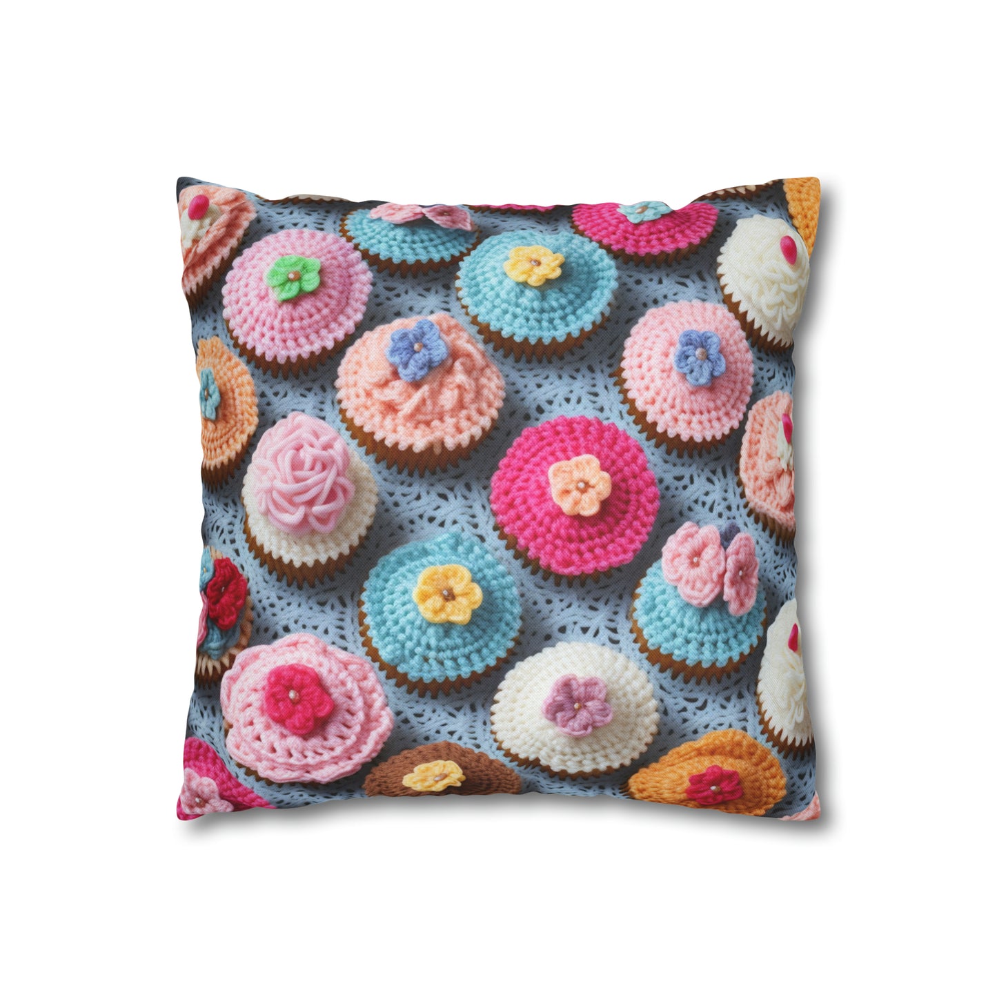 Crochet Cupcake Treat Frosted Cake Dessert Bakery Design - Spun Polyester Square Pillow Case