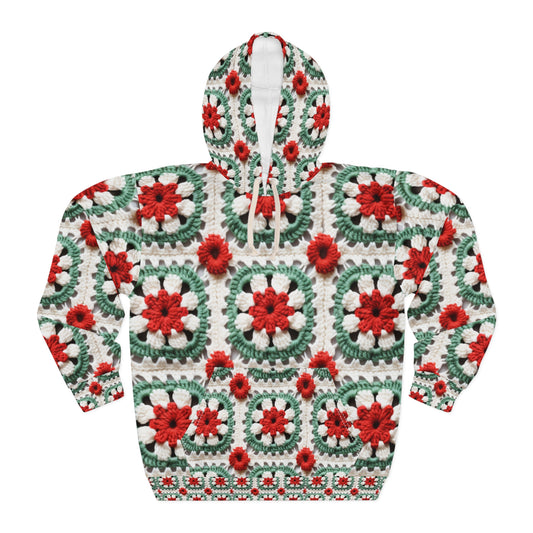 Christmas Granny Square Crochet, Cottagecore Winter Classic, Seasonal Holiday - Unisex Pullover Hoodie (AOP)