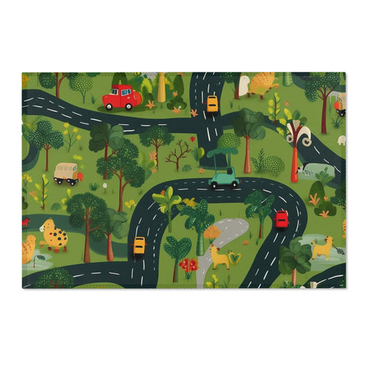 Jungle Journey: Kids' Car Roadway in Lush Forest Setting Play - Area Rugs