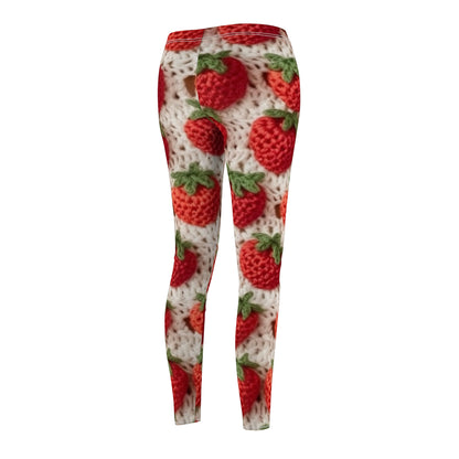 Strawberry Traditional Japanese, Crochet Craft, Fruit Design, Red Berry Pattern - Women's Cut & Sew Casual Leggings (AOP)