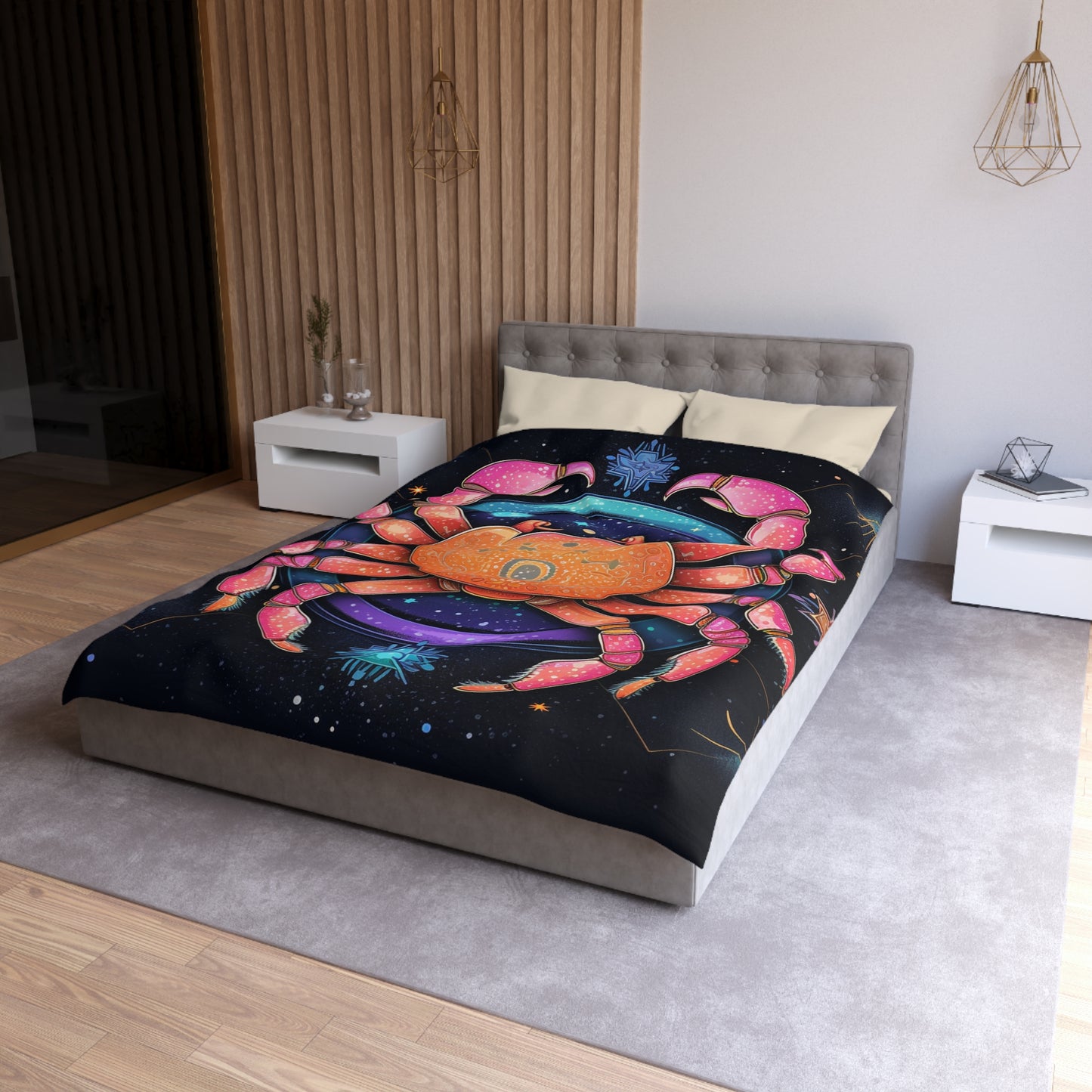 Rainbow Celestial Crab - Vibrant Cancer Zodiac Sign Art - Microfiber Duvet Cover