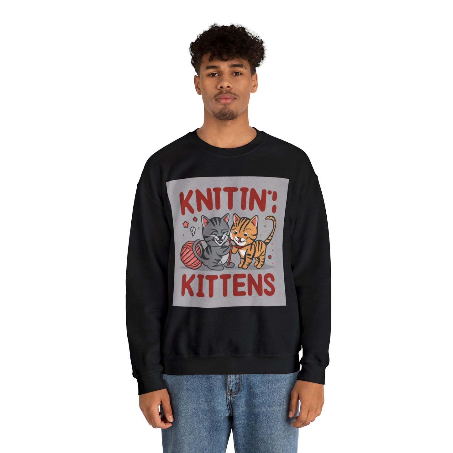 Knittin &amp; Kittens: Fusión de tejido de hilo y gato retro - Sudadera unisex con cuello redondo Heavy Blend™ 