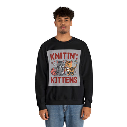 Knittin &amp; Kittens: Fusión de tejido de hilo y gato retro - Sudadera unisex con cuello redondo Heavy Blend™ 