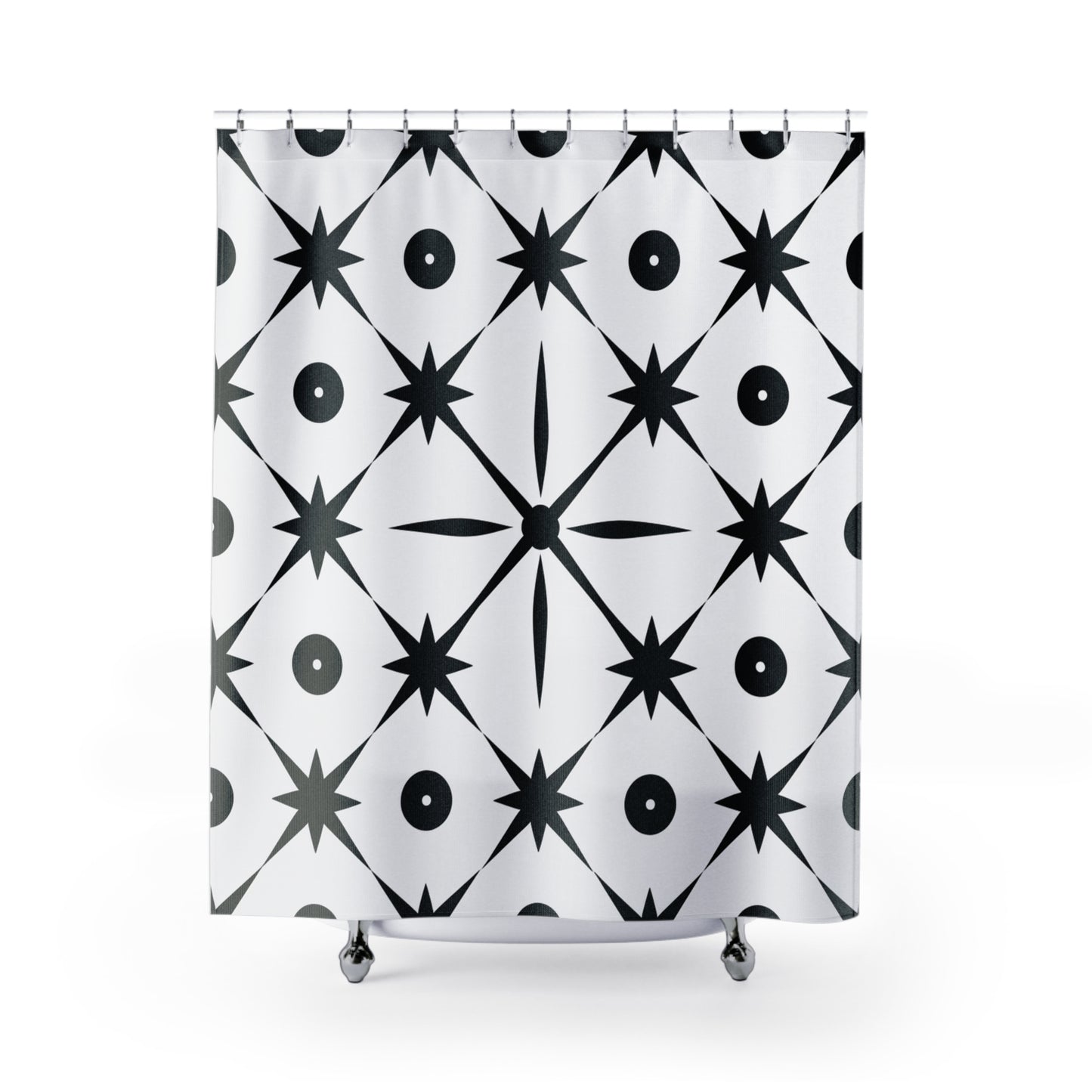 Mid Century Modern Asterisk Design - White & Black Atomic Starburst - Shower Curtains