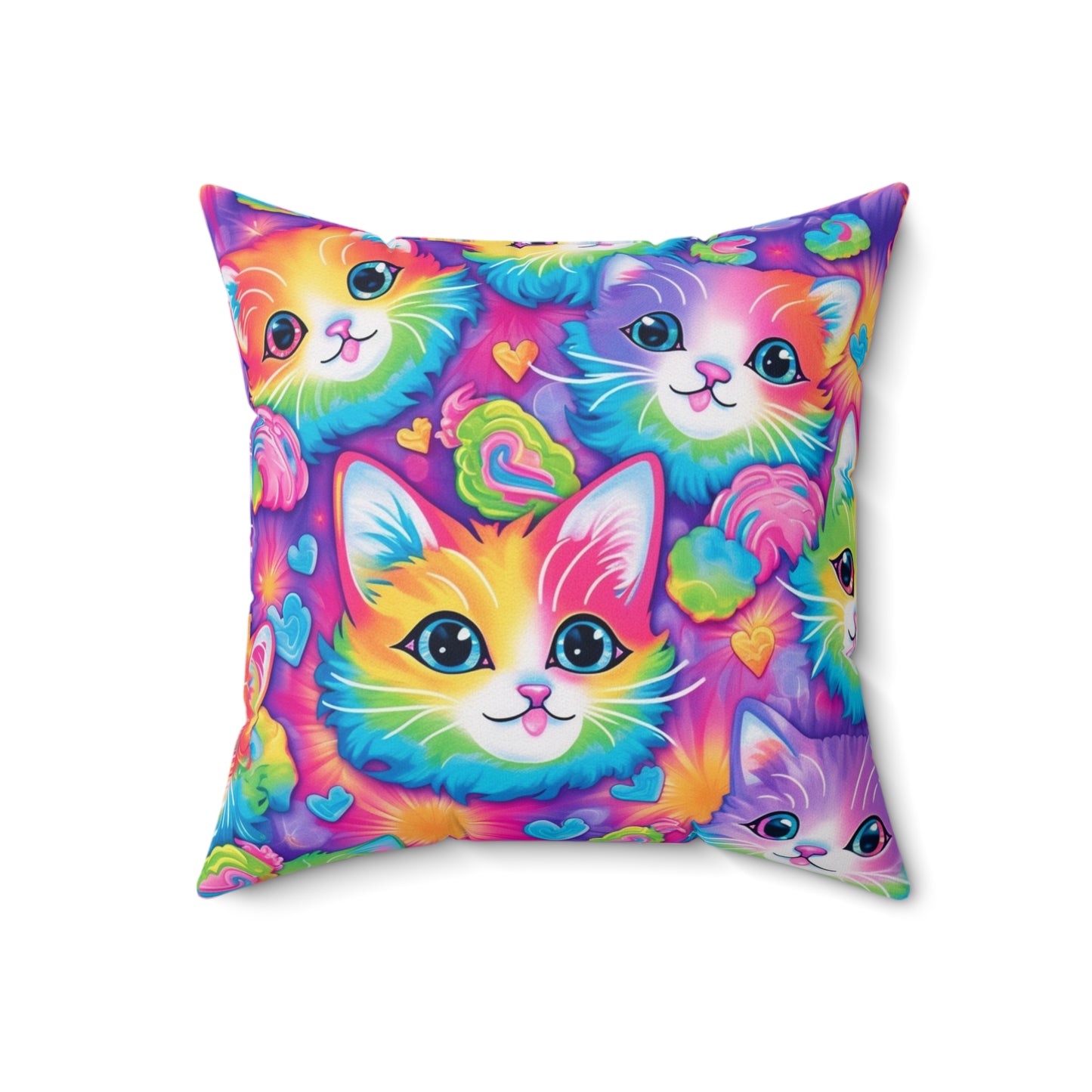 Happy Kitten & Cat Design - Vivid, Colorful & Eye-Catching - Spun Polyester Square Pillow