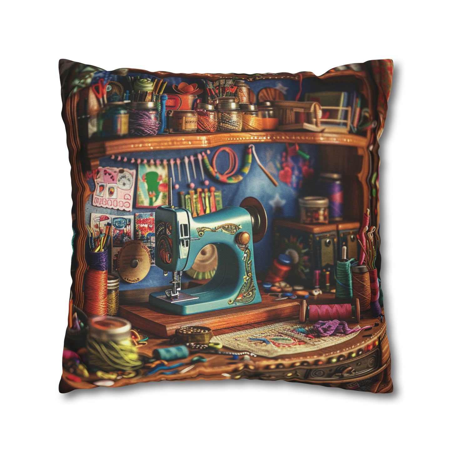 Seamstress Dream: Enchanted Sewing Nook Tapestry, Artisan Craft Room - Spun Polyester Square Pillowcase