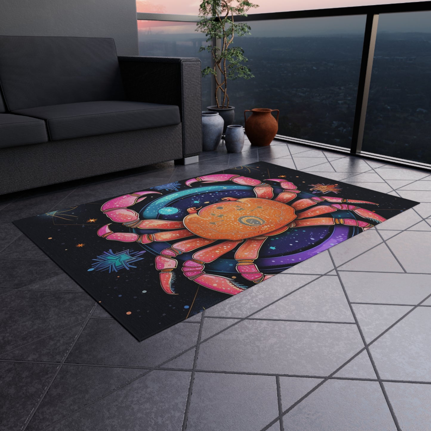 Rainbow Celestial Crab - Vibrant Cancer Zodiac Sign Art - Outdoor Rug