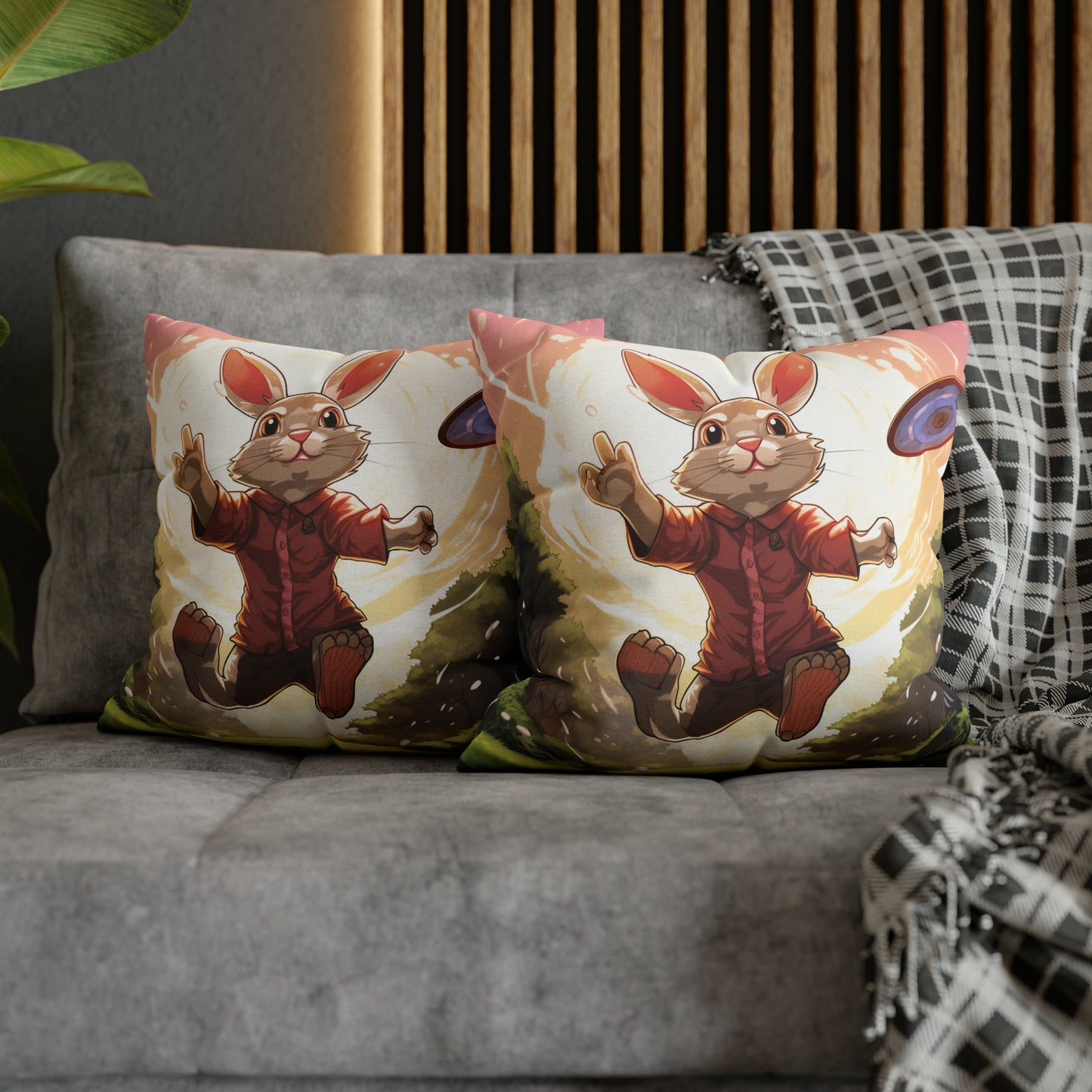 Disc Golf Rabbit: Bunny Aiming Frisbee for Basket Chain - Spun Polyester Square Pillow Case