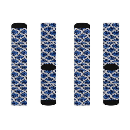 Blueberry Blue Crochet, White Accents, Classic Textured Pattern - Sublimation Socks