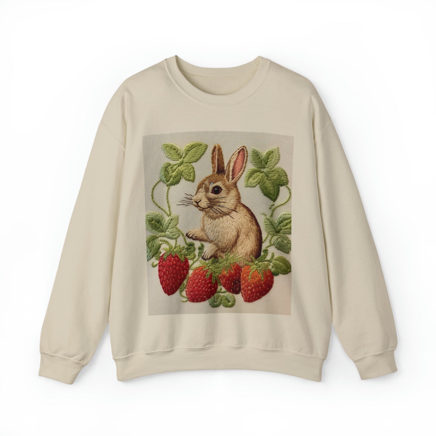 Strawberry Bunny Rabit - Embroidery Style - Strawberries Fruit Munchies - Easter Gift - Unisex Heavy Blend™ Crewneck Sweatshirt