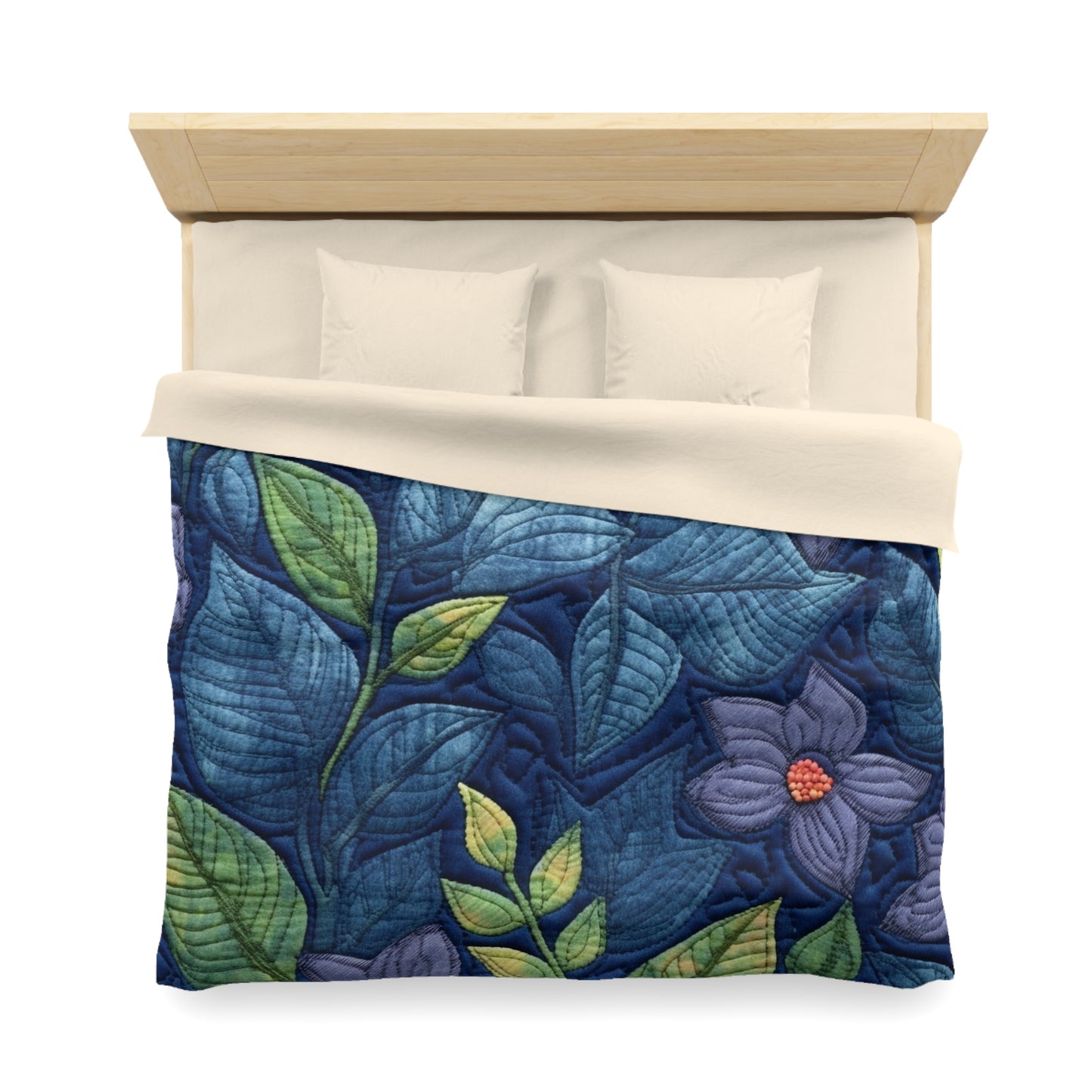 Floral Embroidery Blue: Denim-Inspired, Artisan-Crafted Flower Design - Microfiber Duvet Cover