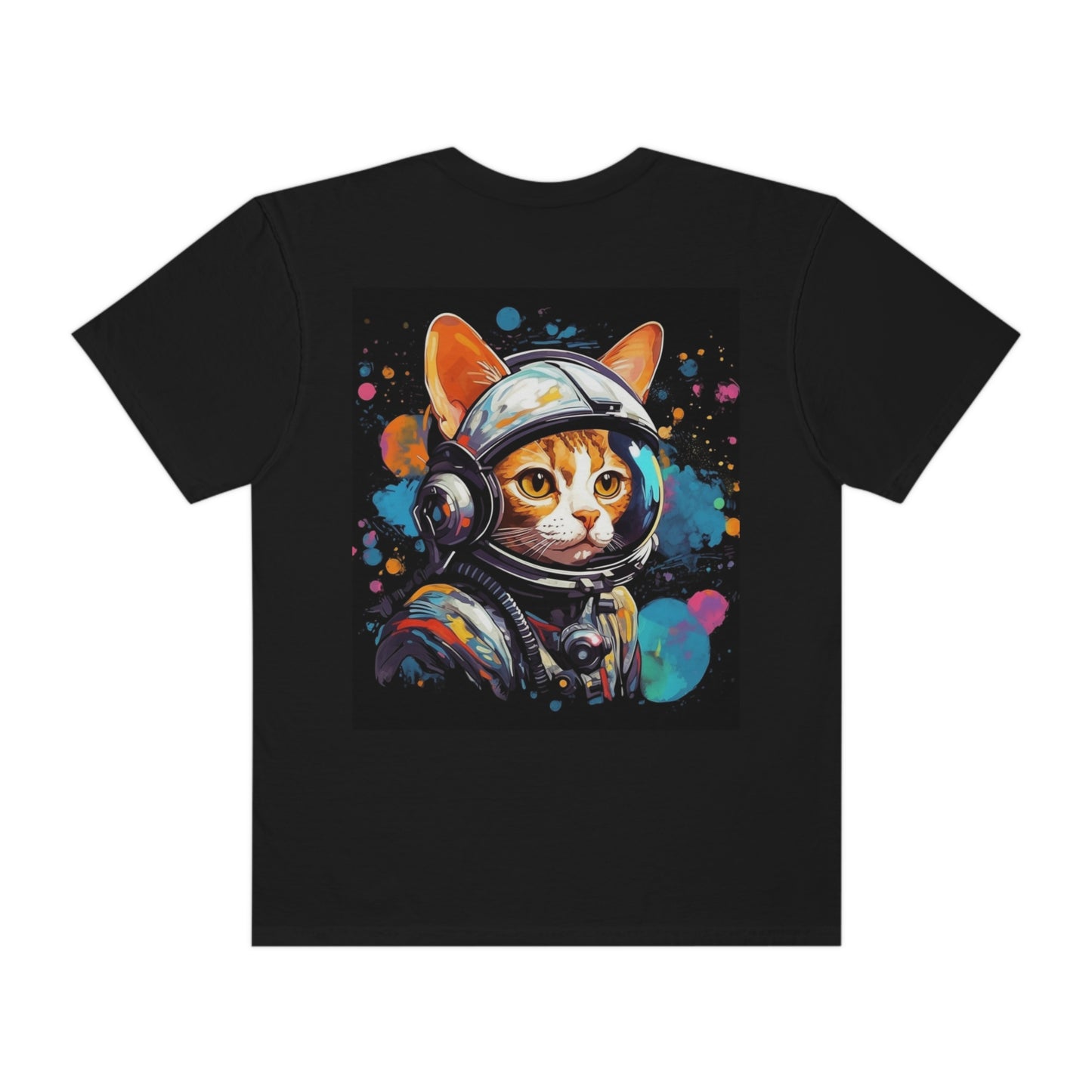 Astro Cat Adventure Feline - Arte pop, flotando en el espacio cósmico - Camiseta unisex teñida de prendas