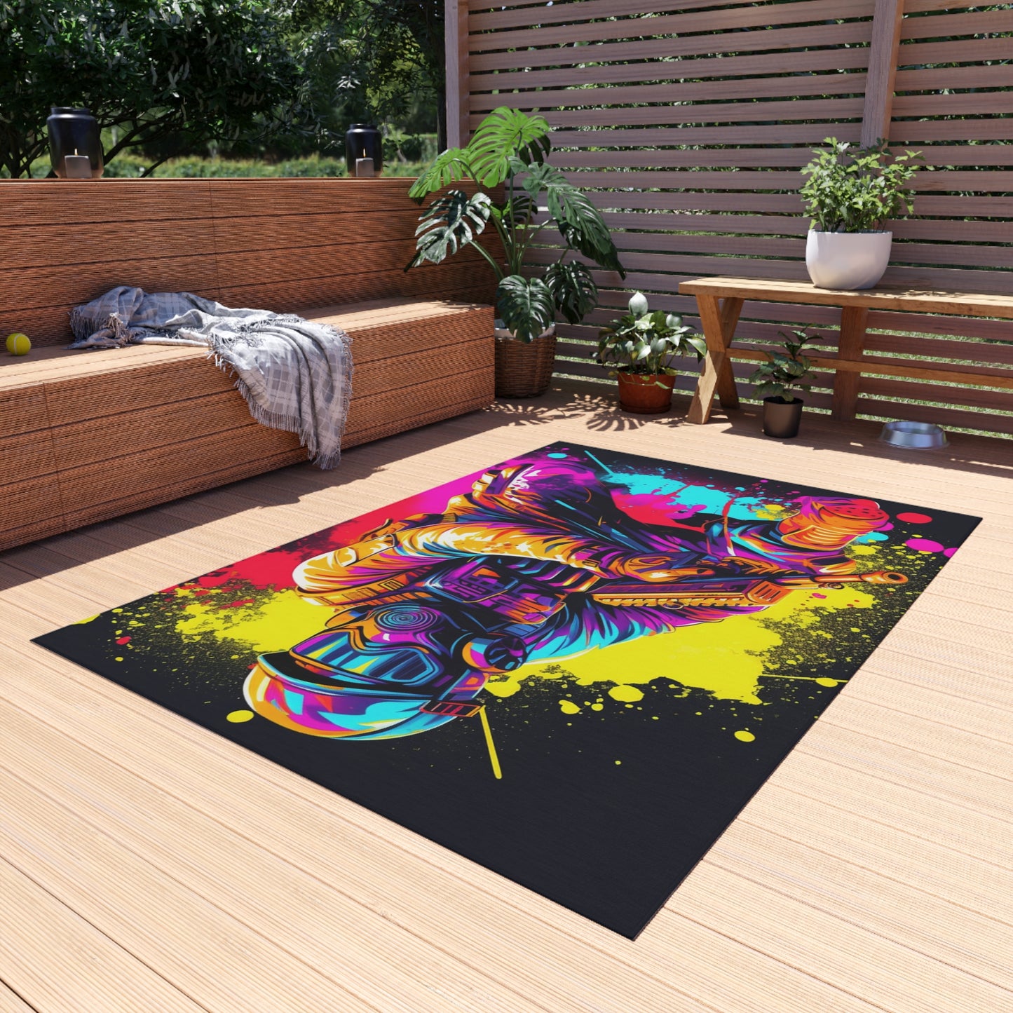 Paintball Action Sport: Player in Battle, Paint Splatter - Outdoor Rug