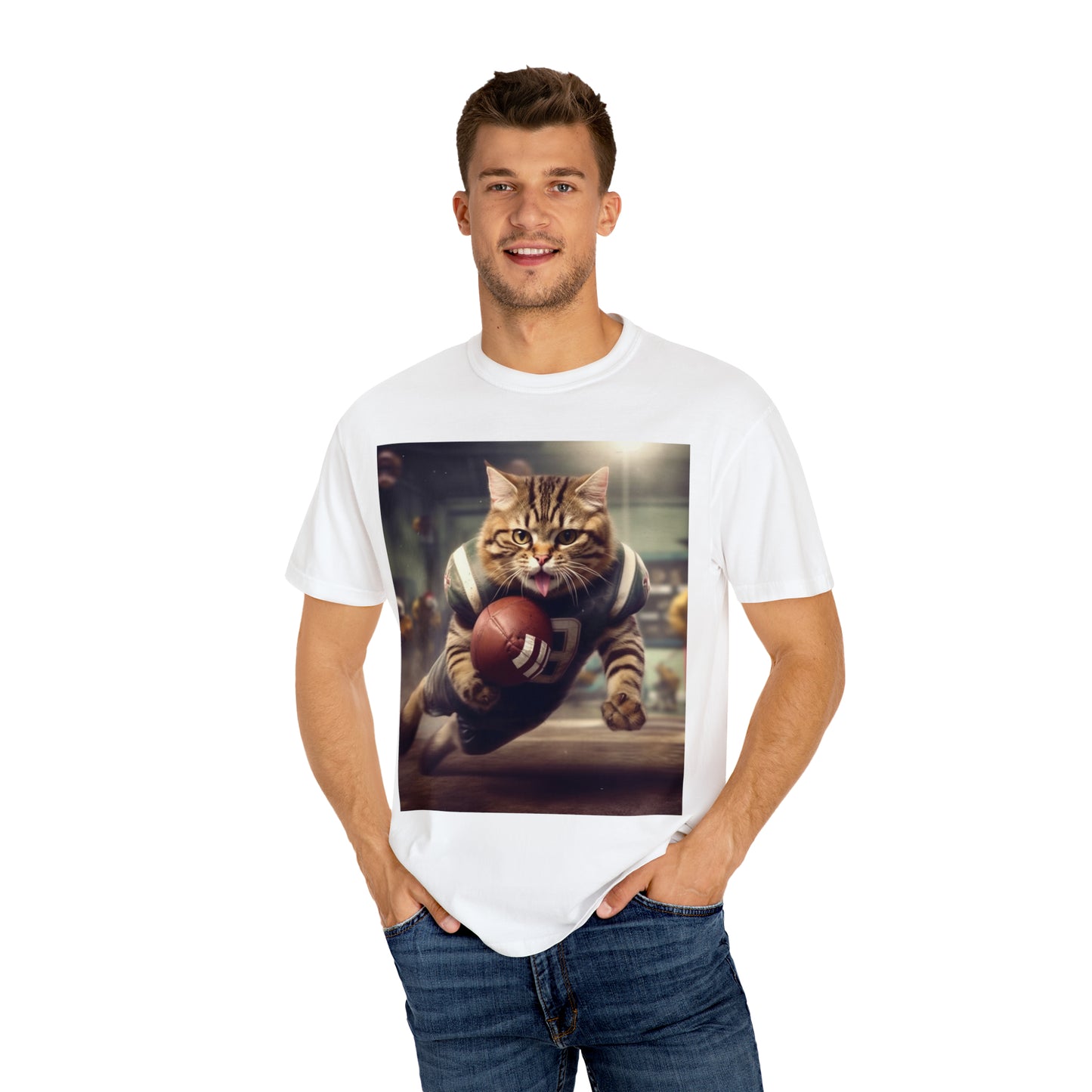 Football Field Felines: Kitty Cats in Sport Tackling Scoring Game Position - Unisex Garment-Dyed T-shirt