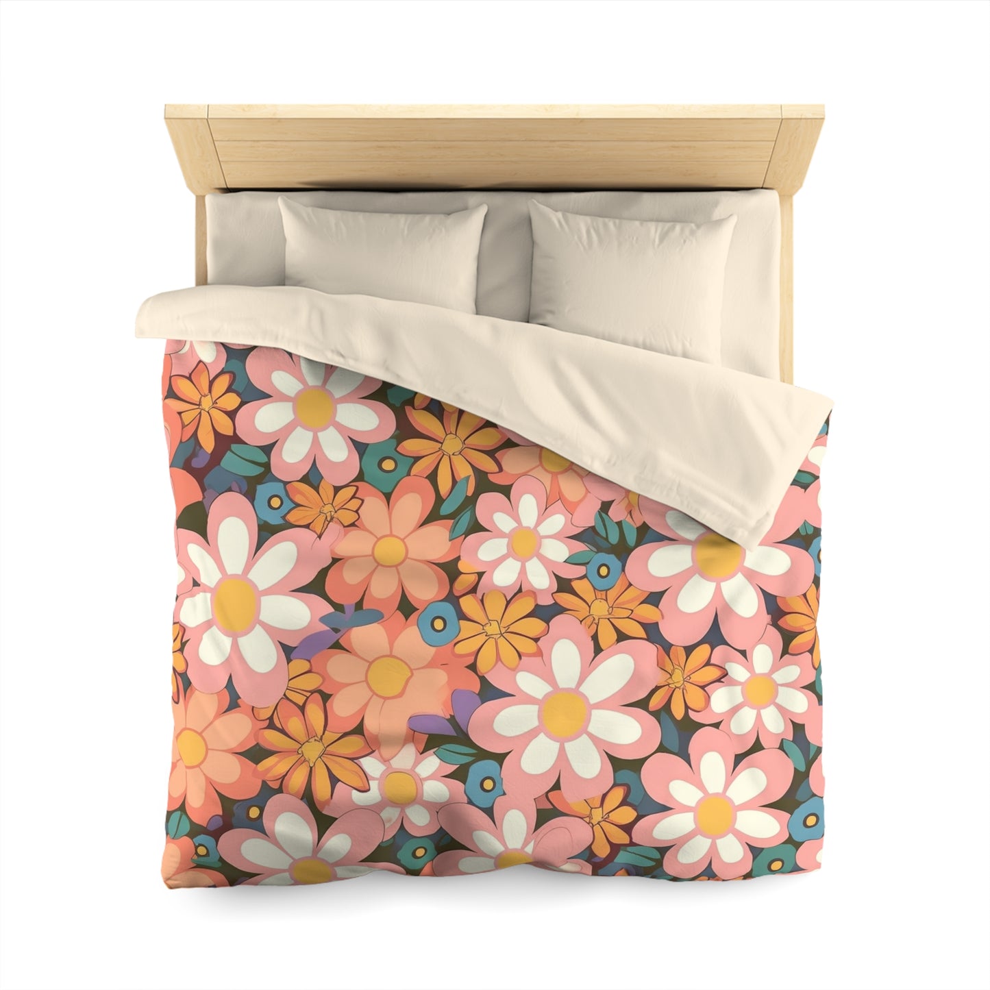 Groovy 1960s 1970s Pink & Orange Daisy Mod Floral - Microfiber Duvet Cover