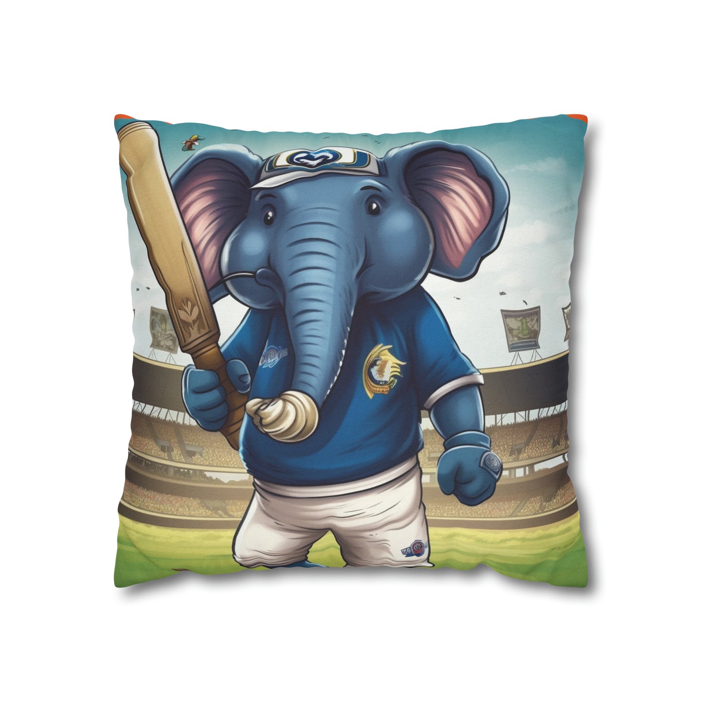 India Elephant Cricket Sport Star: Pitch, Run, Stump Game - Animated Charm - Spun Polyester Square Pillow Case