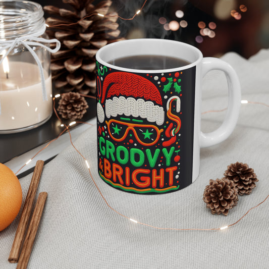 Funky Santa Vibes - Yule navideño fresco con tonos estrellados y alegría festiva - Taza de cerámica de 11 oz