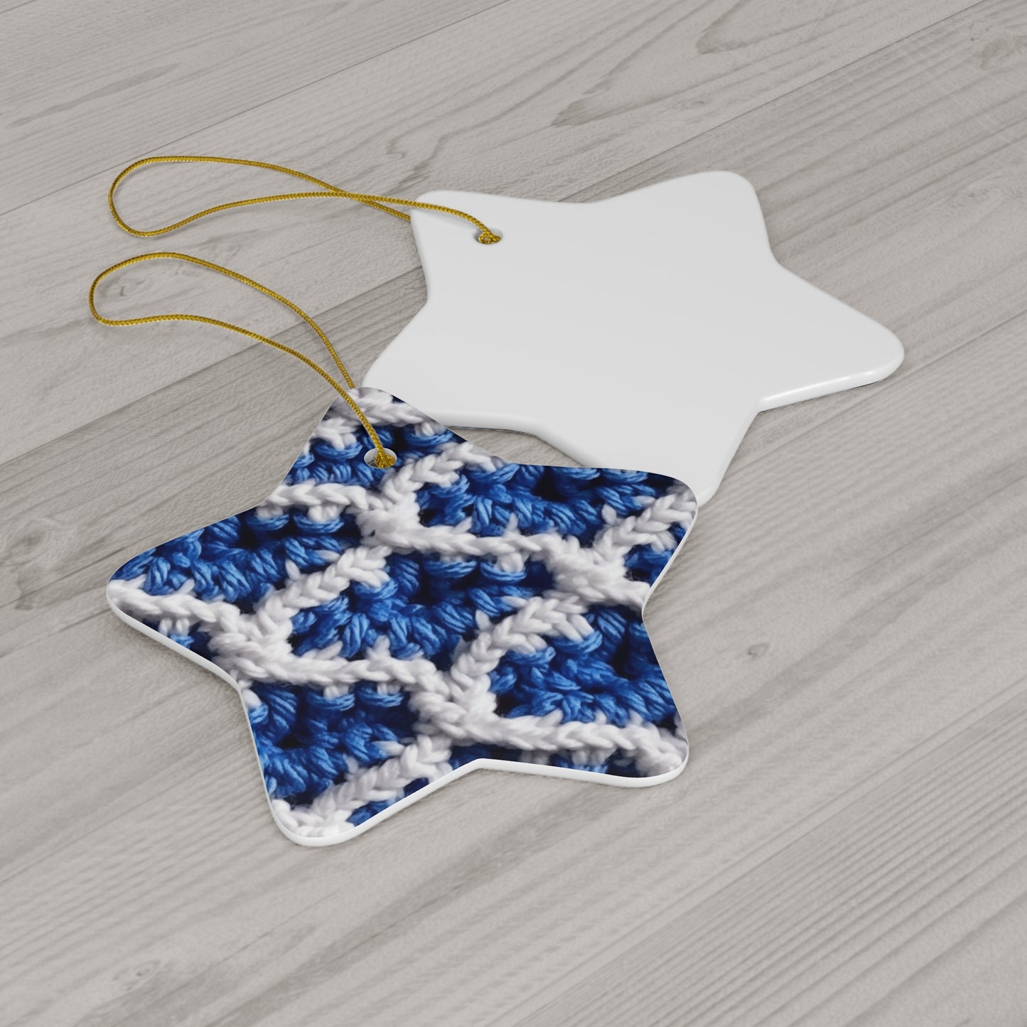 Blueberry Blue Crochet, White Accents, Classic Textured Pattern - Ceramic Ornament, 4 Shapes