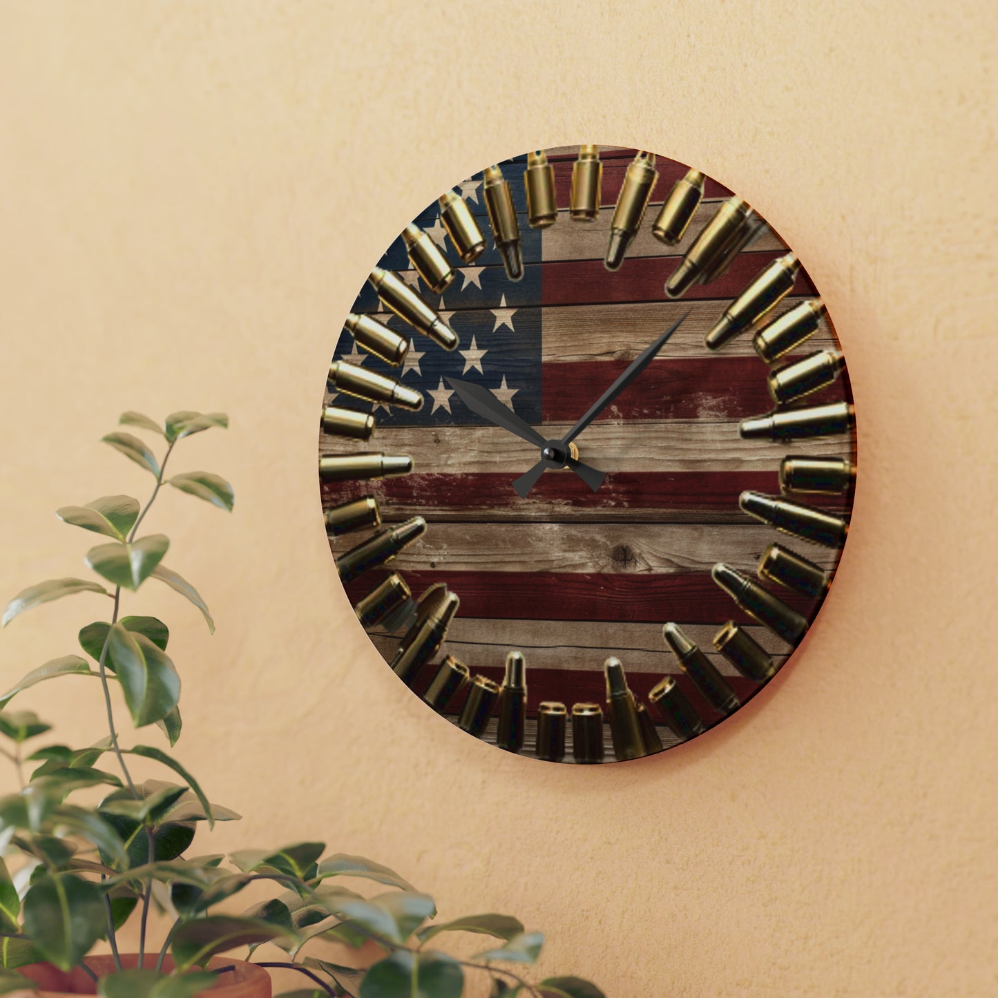 Patriotic American Flag Acrylic Wall Clock, Rustic USA Wall Decor, Hunter's Gift, Americana Pride, Stars & Stripes Timepiece