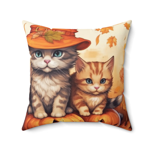 Kitty Cat Kittens Halloween - Cute Furries on Pumpkin - Festive Feline Decor - Spun Polyester Square Pillow