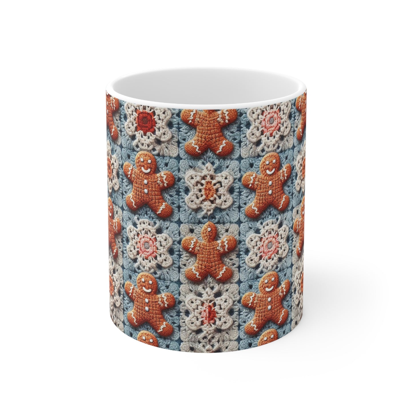 Christmas Holiday Delight: Crocheted Gingerbread Smile Pattern with Lace Snowflakes - Ceramic Mug 11oz