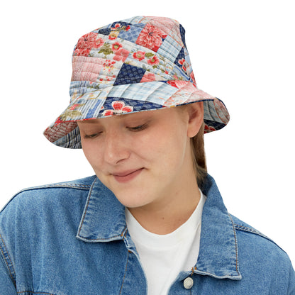 Floral Harmony Quilt, Blossom Patchwork, Blue and Pink Quilted Patterns, Garden Quilt, Soft Pastel Quilting Squares Design - Bucket Hat (AOP)