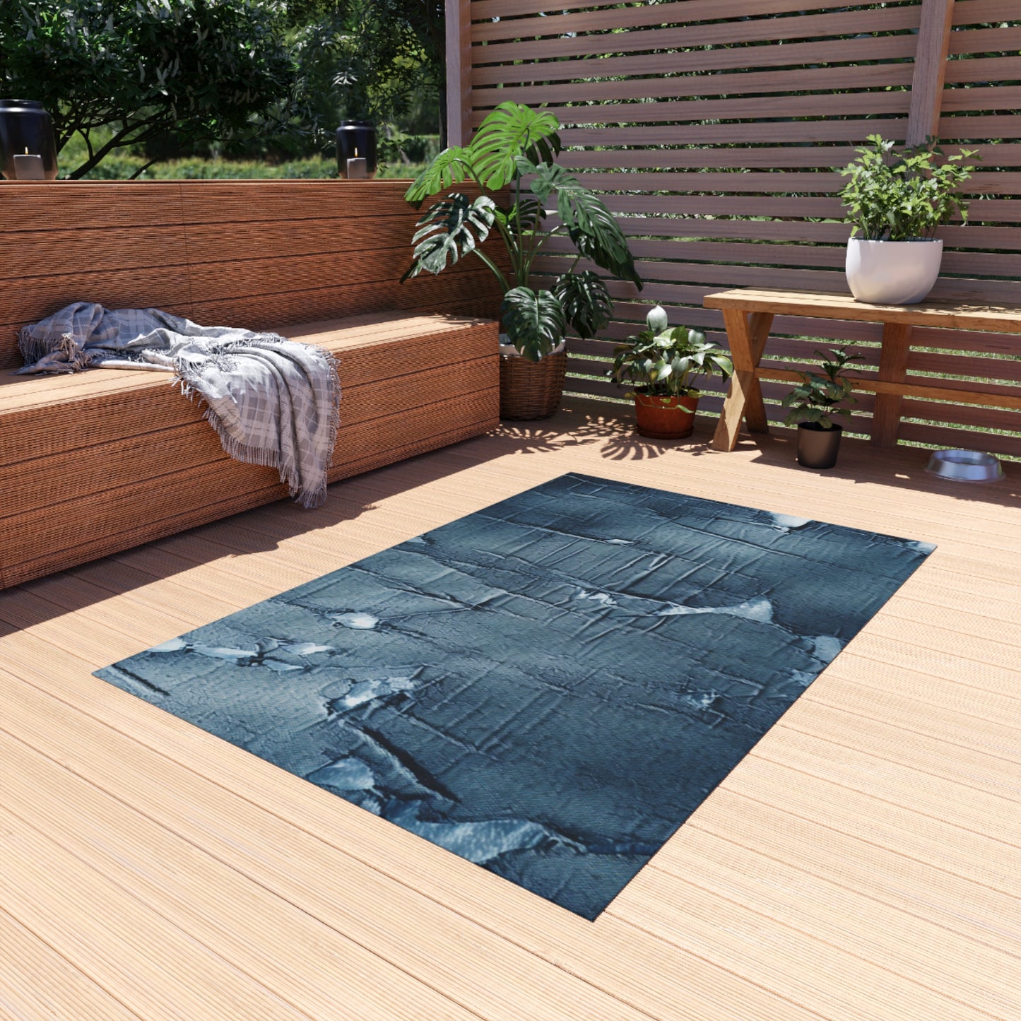 Distressed Blue Denim-Look: Edgy, Torn Fabric Design - Outdoor Rug